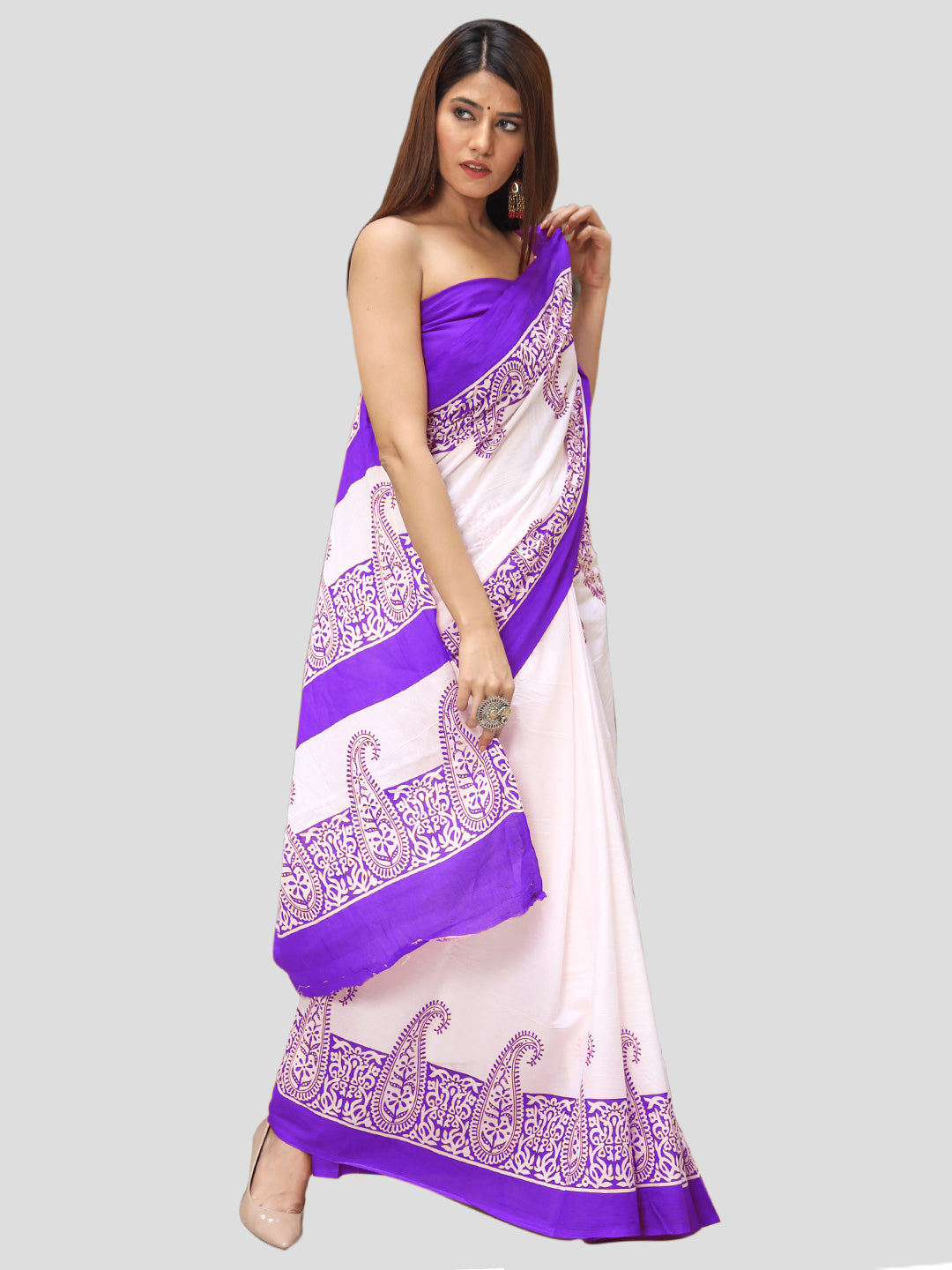 Buta Buti Purple Color Printed Pure Cotton Saree