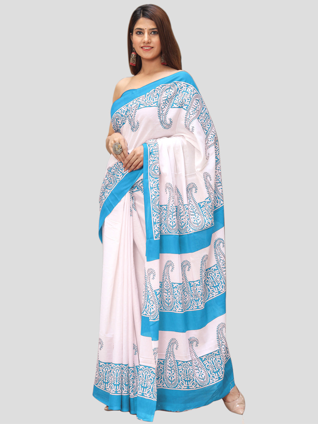 Buta Buti Blue Color Printed Pure Cotton Saree