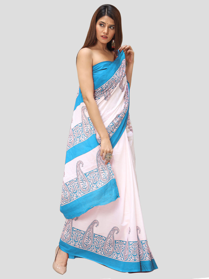 Buta Buti Blue Color Printed Pure Cotton Saree