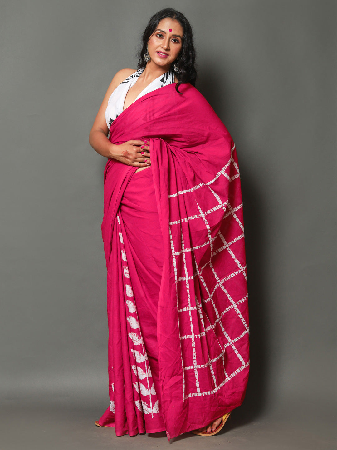 Buta Buti Pink & White Batik Pure Cotton Saree