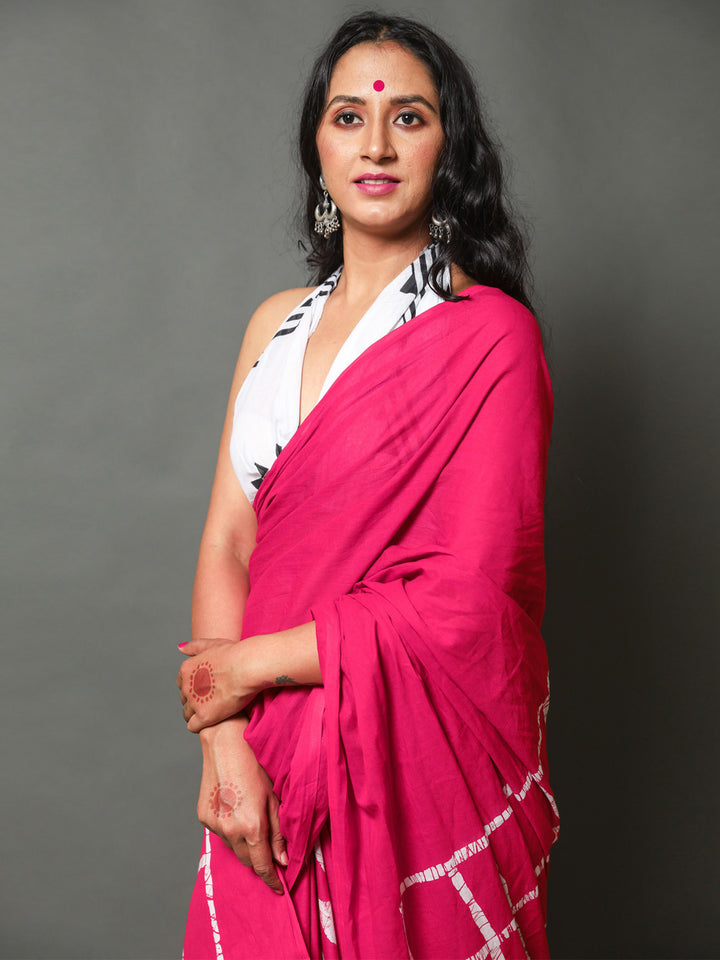 Buta Buti Pink & White Batik Pure Cotton Saree