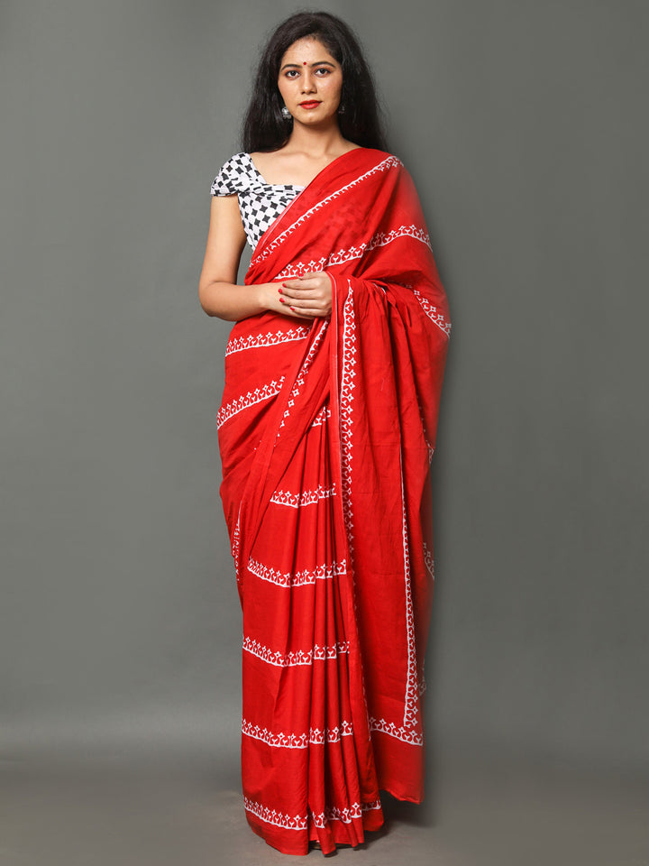 Buta Buti Red & Off White Ethnic Motifs Pure Cotton Saree