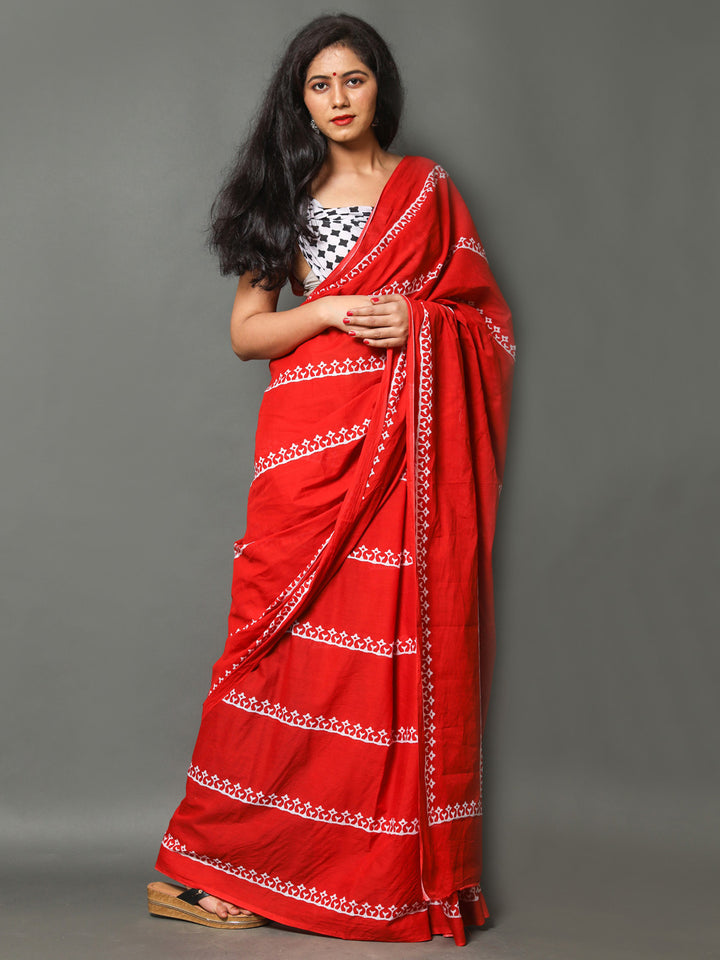 Buta Buti Red & Off White Ethnic Motifs Pure Cotton Saree