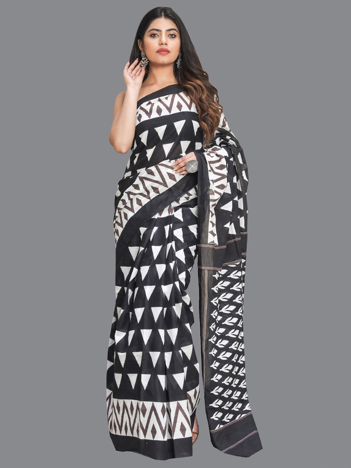 Buta Buti Black & Off White Printed Pure Cotton Saree