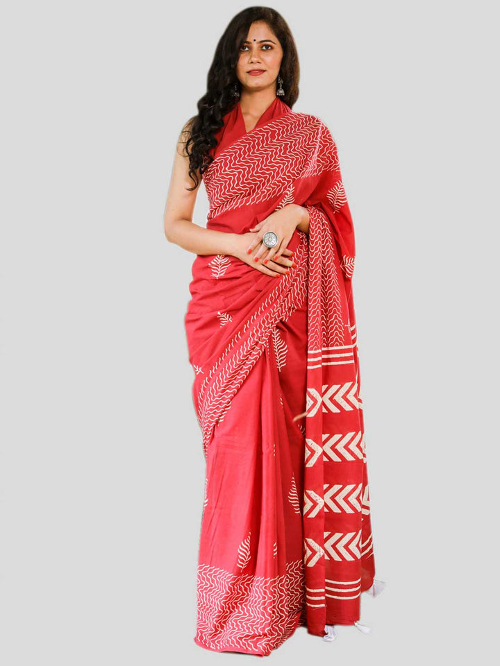 Buta Buti Red & White Printed Pure Cotton Saree