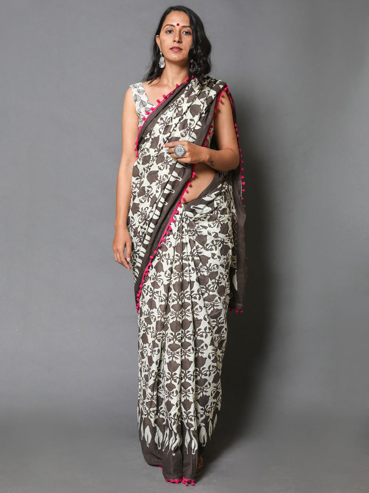 Buta Buti Off White & Brown Floral Pure Cotton Saree