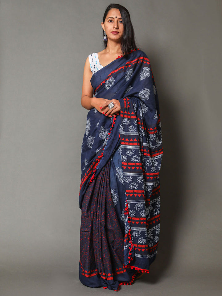 Buta Buti Blue & Red Ethnic Motifs Pure Cotton Saree