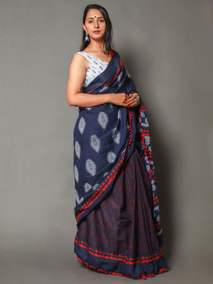 Buta Buti Blue & Red Ethnic Motifs Pure Cotton Saree