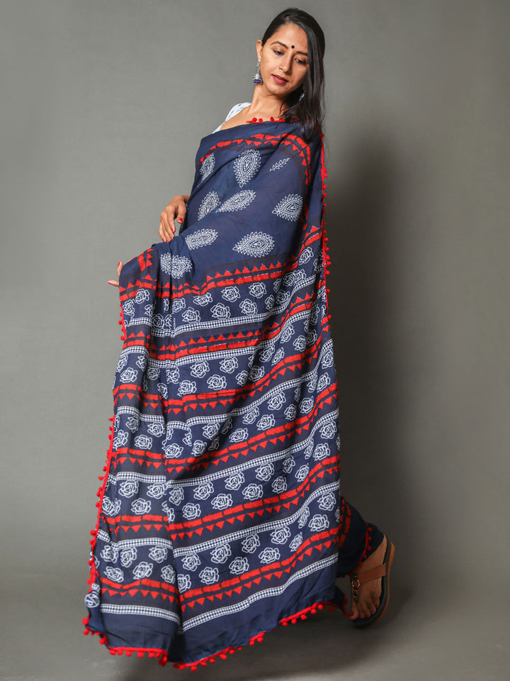 Buta Buti Blue & Red Ethnic Motifs Pure Cotton Saree