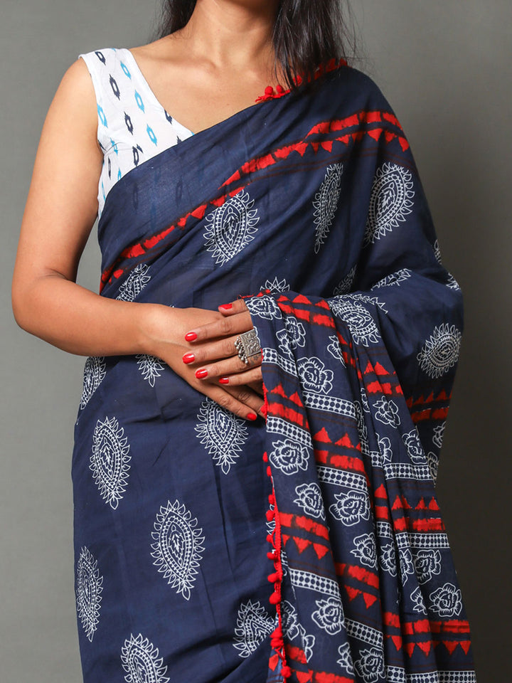 Buta Buti Blue & Red Ethnic Motifs Pure Cotton Saree