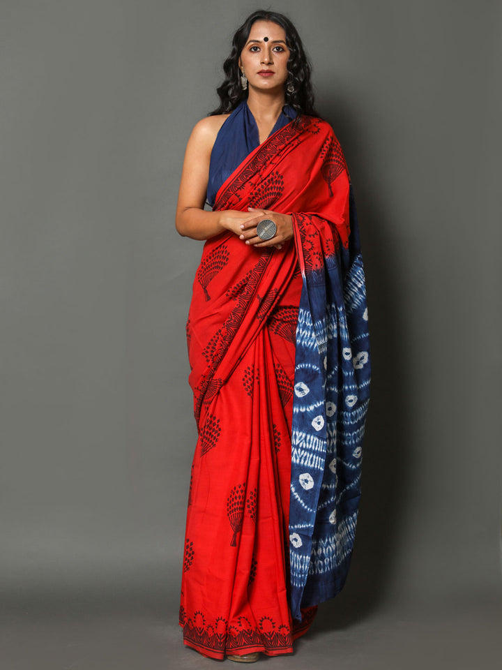 Buta Buti Red & Blue Ethnic Motifs Printed Pure Cotton Saree