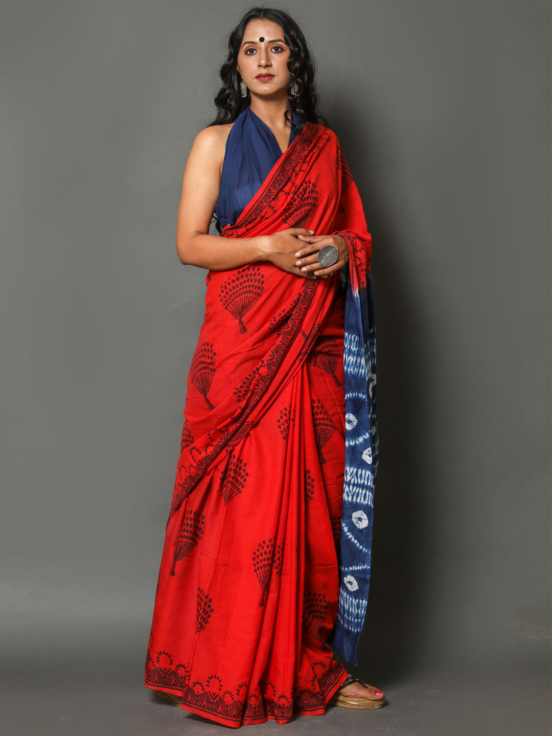 Buta Buti Red & Blue Ethnic Motifs Printed Pure Cotton Saree