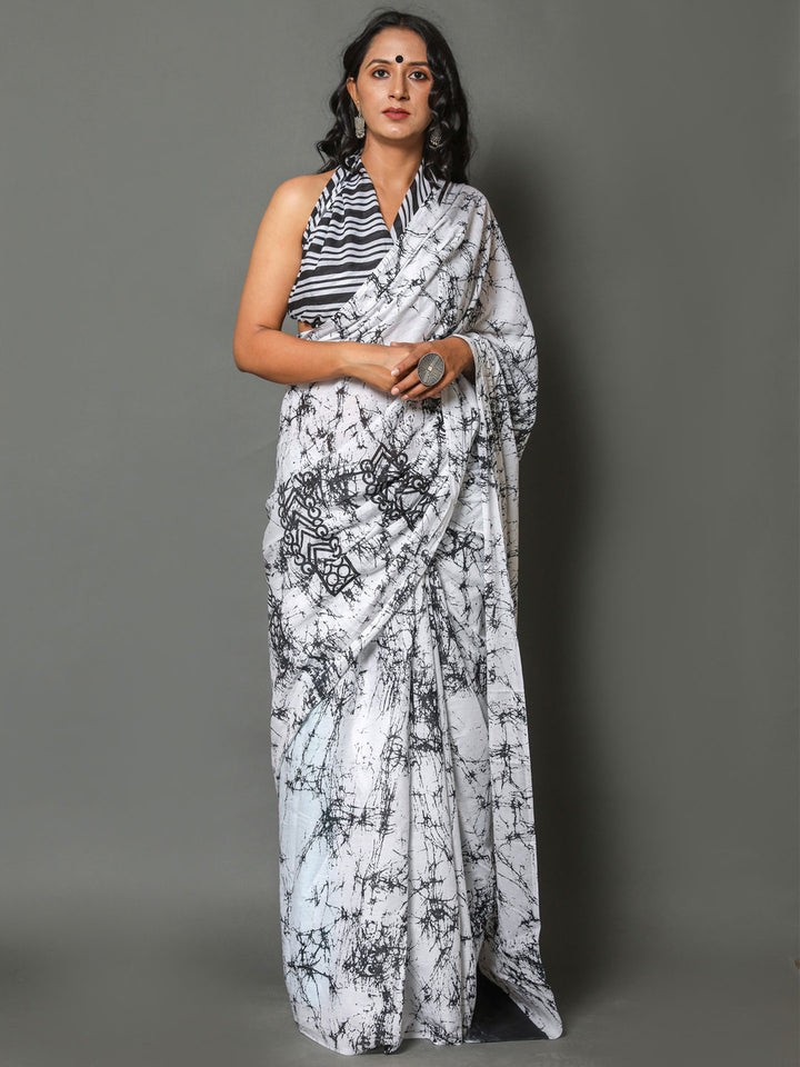 Buta Buti White & Black Printed Pure Cotton Saree