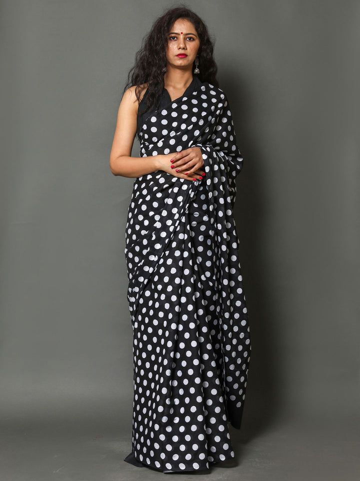 Buta Buti Black & White Polka Dot Printed Pure Cotton Saree