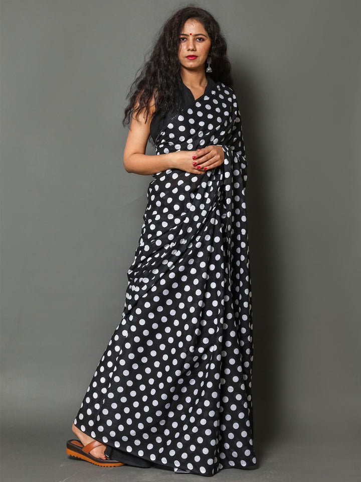 Buta Buti Black & White Polka Dot Printed Pure Cotton Saree