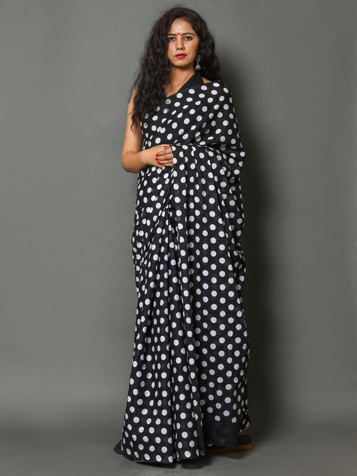 Buta Buti Black & White Polka Dot Printed Pure Cotton Saree