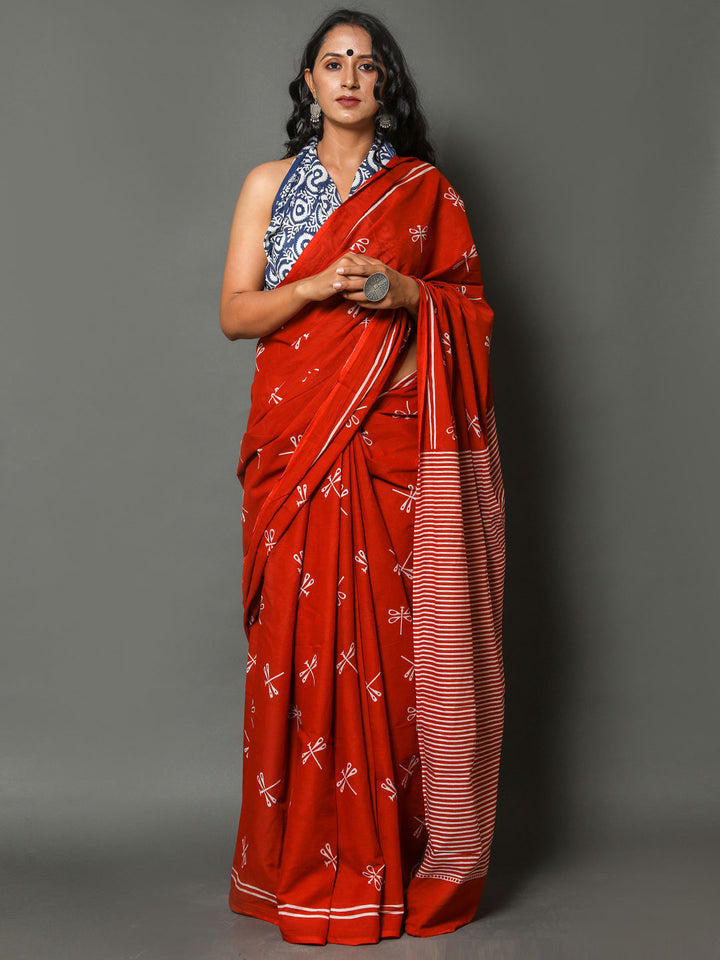 Buta Buti Red & White Ethnic Motifs Printed Pure Cotton Saree