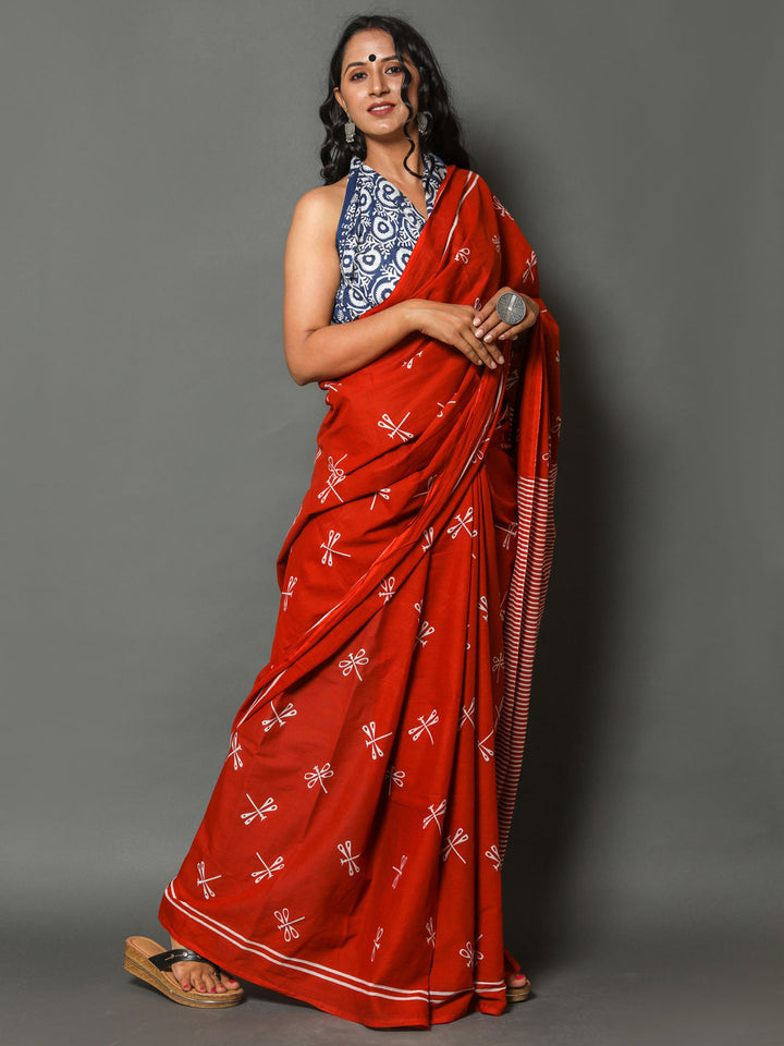 Buta Buti Red & White Ethnic Motifs Printed Pure Cotton Saree