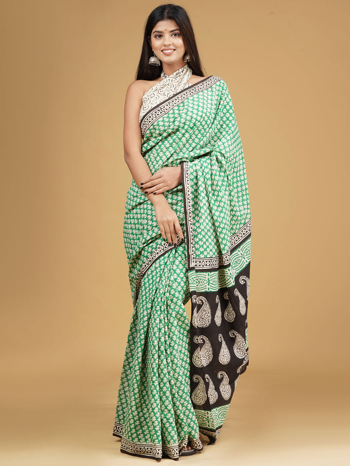 Buta Buti Green & Beige Ethnic Motifs Pure Cotton Block Print Saree