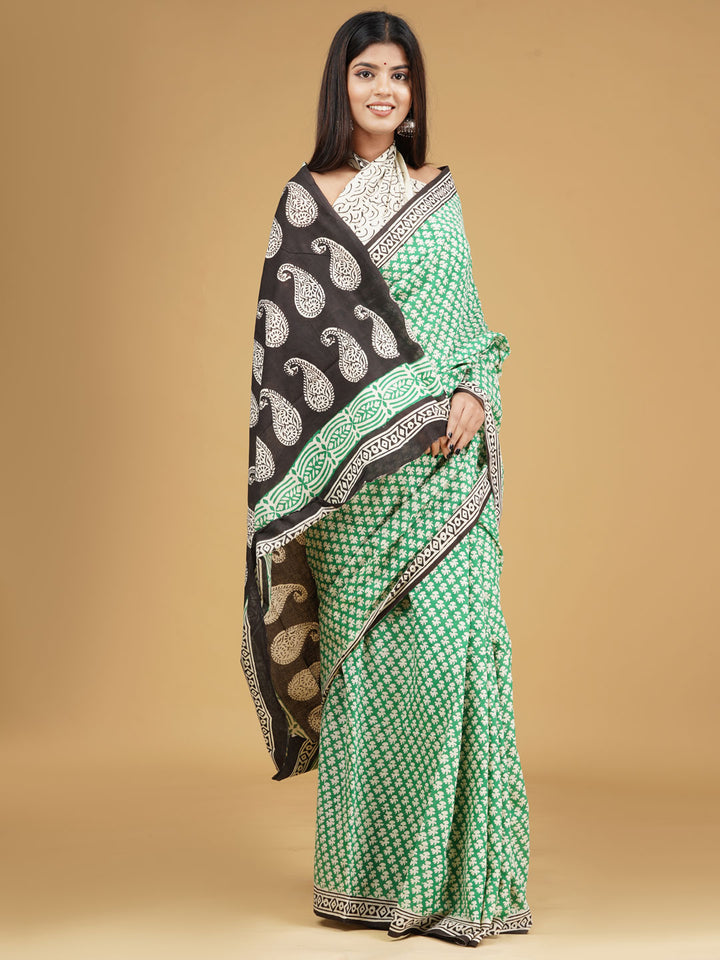 Buta Buti Green & Beige Ethnic Motifs Pure Cotton Block Print Saree