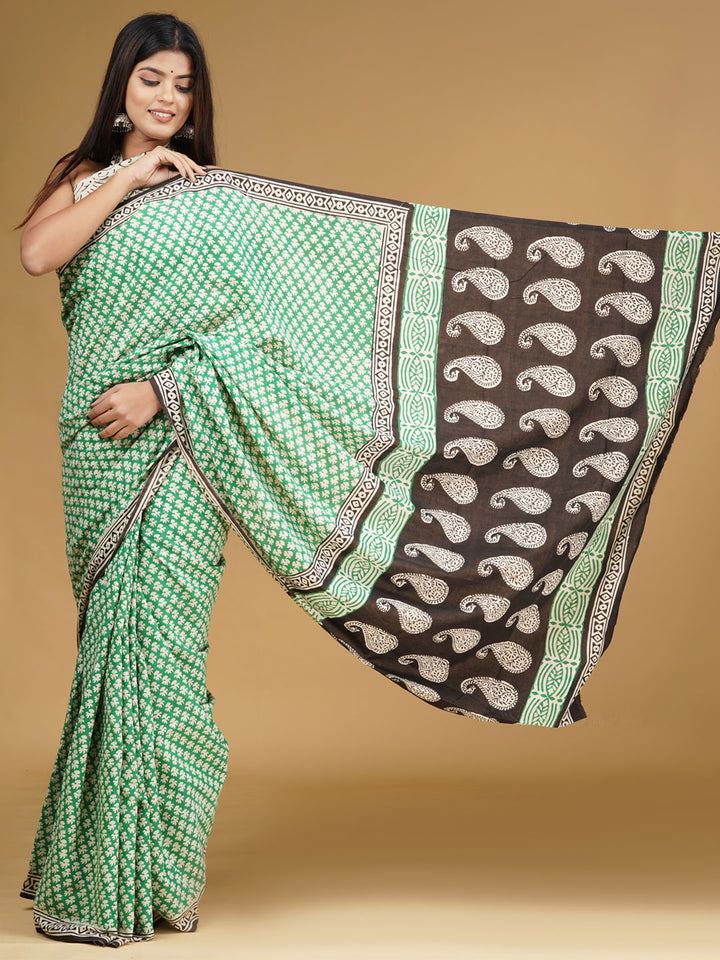 Buta Buti Green & Beige Ethnic Motifs Pure Cotton Block Print Saree