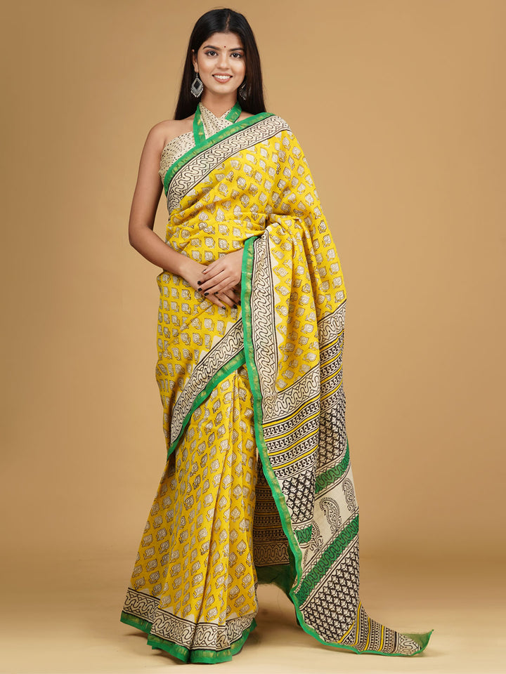 Buta Buti Yellow & Green Ethnic Motifs Pure Cotton Block Print Saree