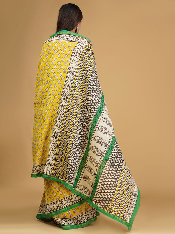 Buta Buti Yellow & Green Ethnic Motifs Pure Cotton Block Print Saree