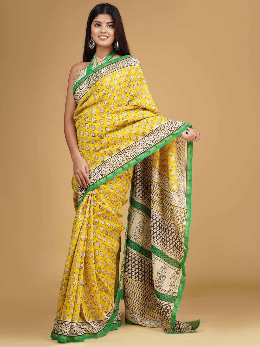 Buta Buti Yellow & Green Ethnic Motifs Pure Cotton Block Print Saree