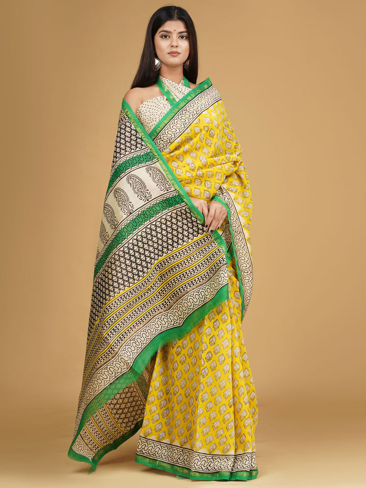 Buta Buti Yellow & Green Ethnic Motifs Pure Cotton Block Print Saree