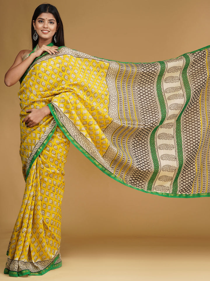 Buta Buti Yellow & Green Ethnic Motifs Pure Cotton Block Print Saree