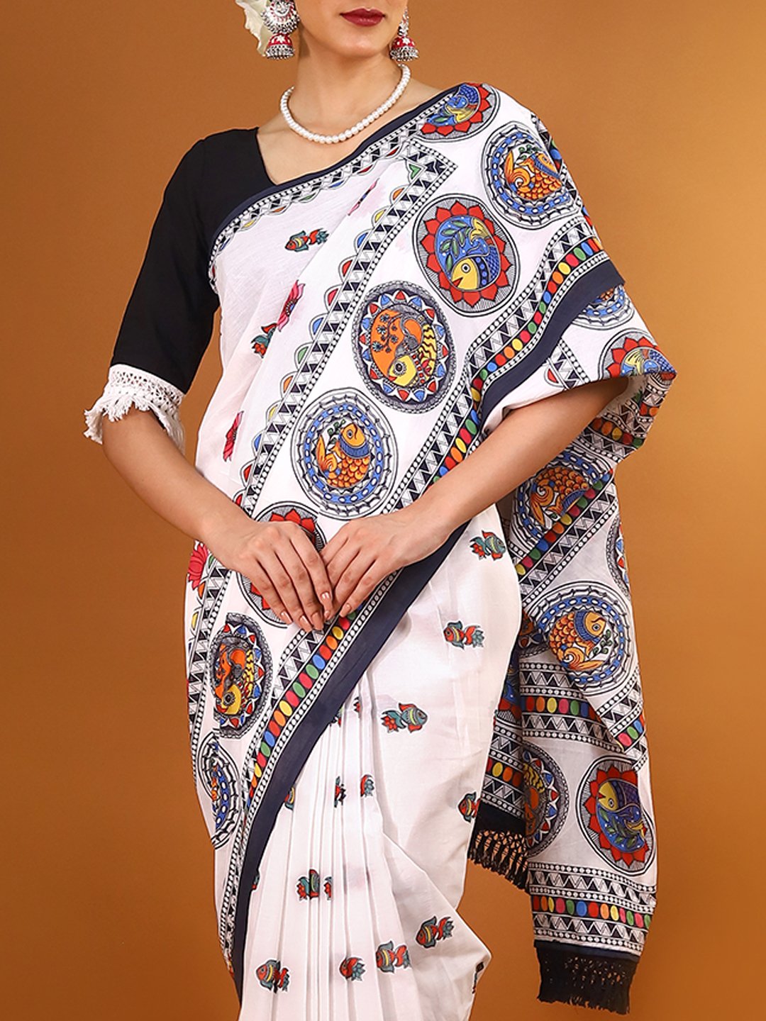 Buta Buti Multi Colour Abstract Printed Pure Cotton Saree With Unstitched Blouse And Lace