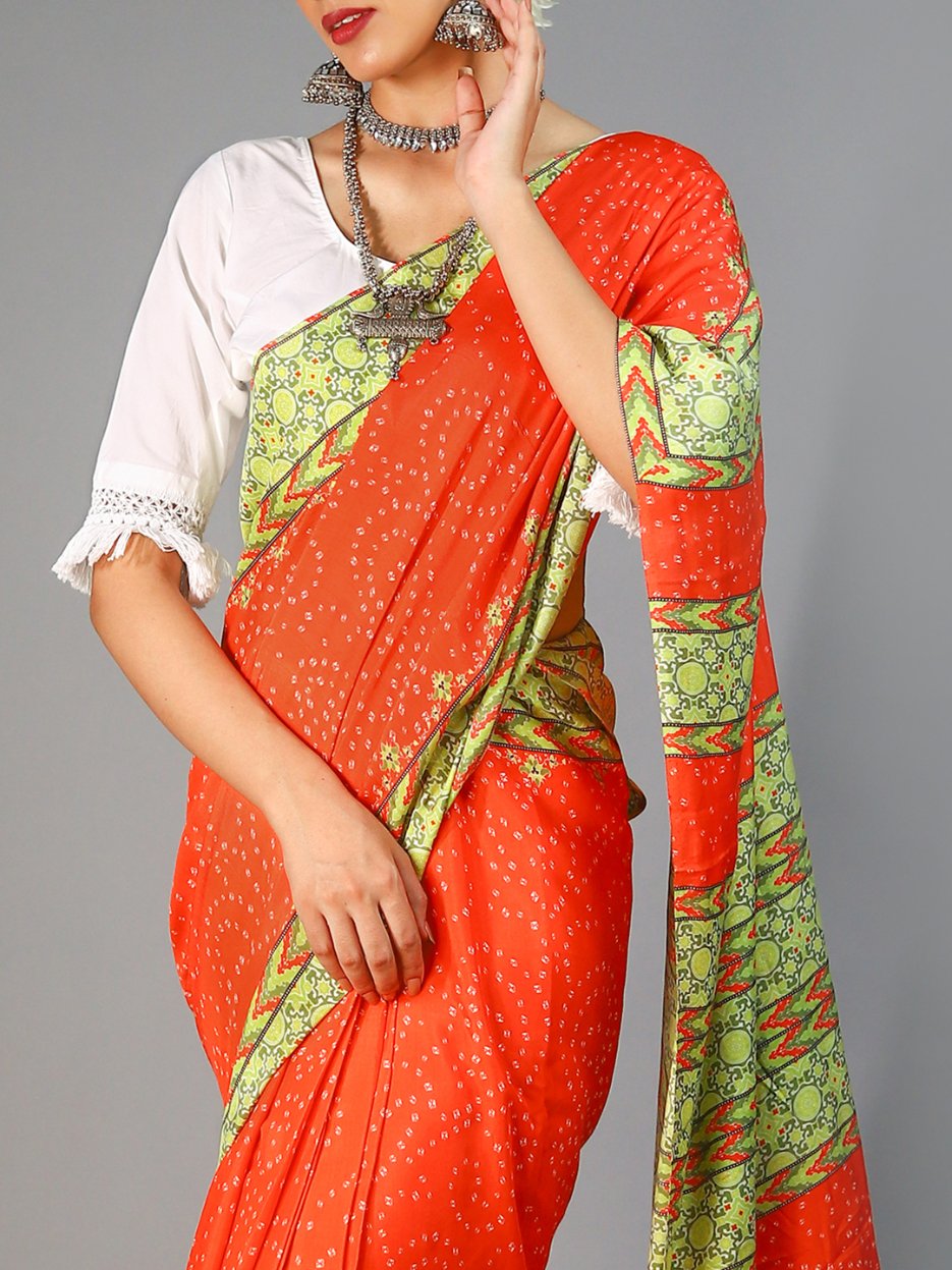 Buta Buti Red Colour Bandhani Printed Pure Cotton Saree With Unstitched Blouse And Lace