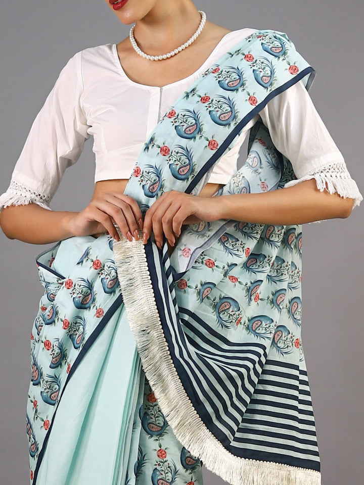 Buta Buti Teal Colour Abstract Printed Pure Cotton Saree With Unstitched Blouse And Lace