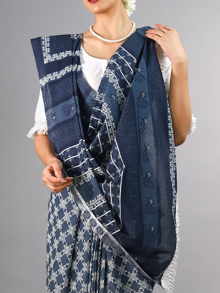 Buta Buti Blue Colour Ethnic Motifs Printed Pure Cotton Saree With Unstitched Blouse And Lace