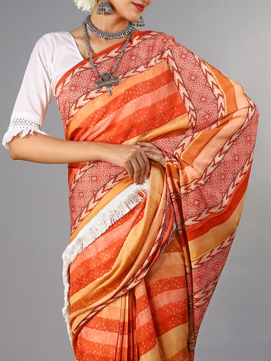 Buta Buti Multi Colour Bandhani Printed Pure Cotton Saree With Unstitched Blouse And Lace