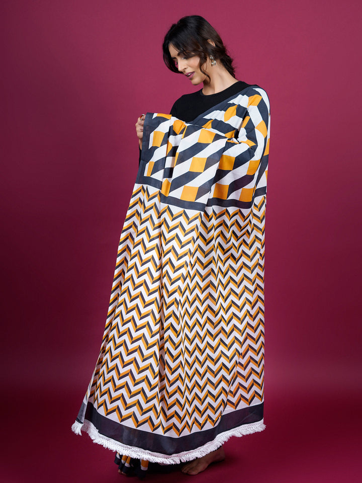 Buta Buti Abstract Geometrical Printed Cotton Saree With Tassels Embellishment