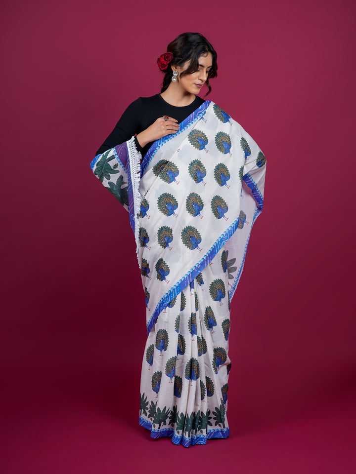 Buta Buti Peacock Printed Cotton Saree With Tassels Embellishment