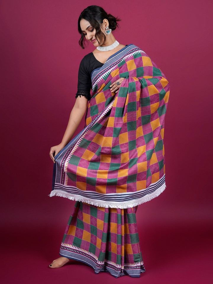 Buta Buti Checked Printed Cotton Saree With Tassels Embellishment