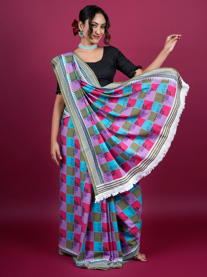 Buta Buti Checked and Floral Cotton Printed Saree With Tassels Embellishment