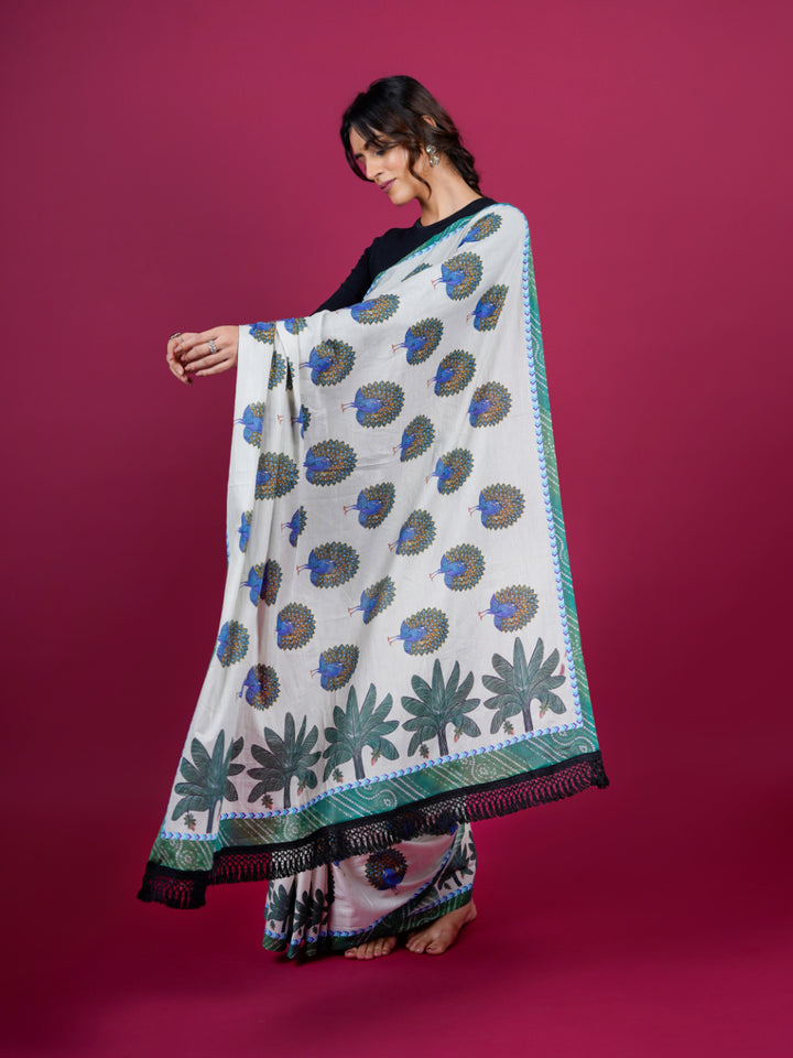 Buta Buti Peacock Printed Cotton Saree With Tassels Embellishment