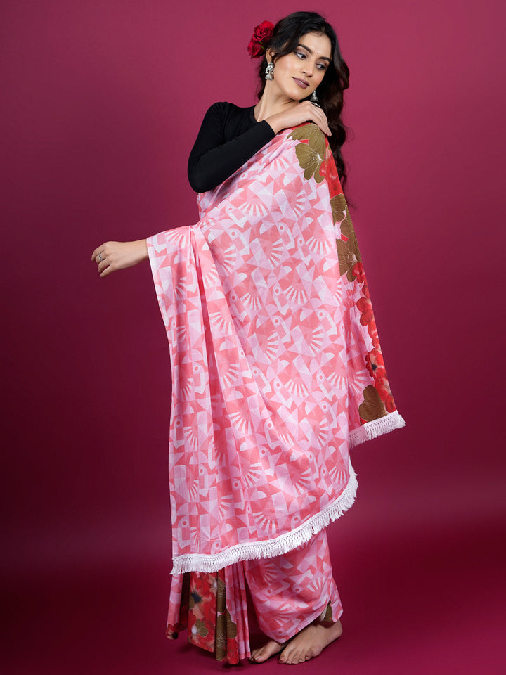 Buta Buti Floral and Geometric Printed Cotton Saree With Tassels Embellishment