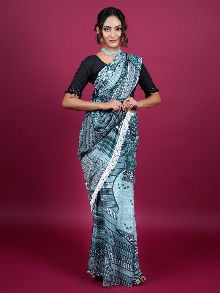 Buta Buti Patch Work Ethnical Printed Cotton Saree With Tassels Saree