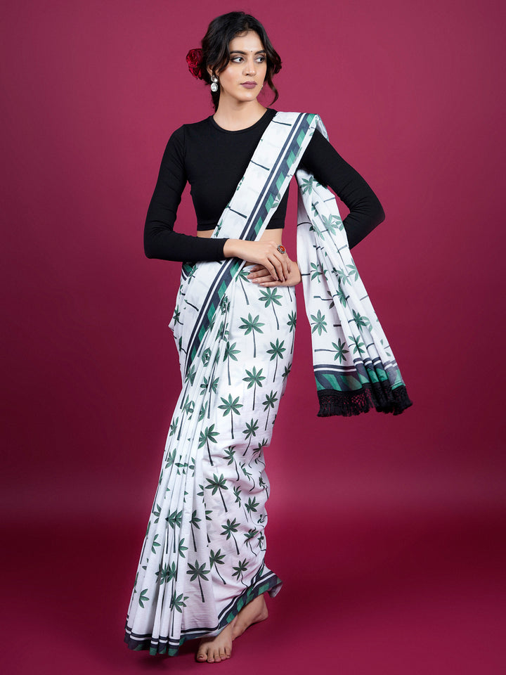 Buta Buti Botanical Printed Cotton Saree With Tassels Embellishment