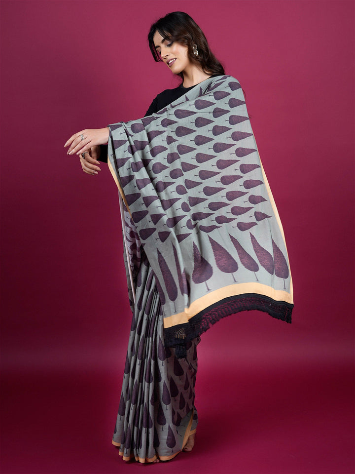 Buta Buti Botanical Printed Cotton Saree With Tassels Embellishment