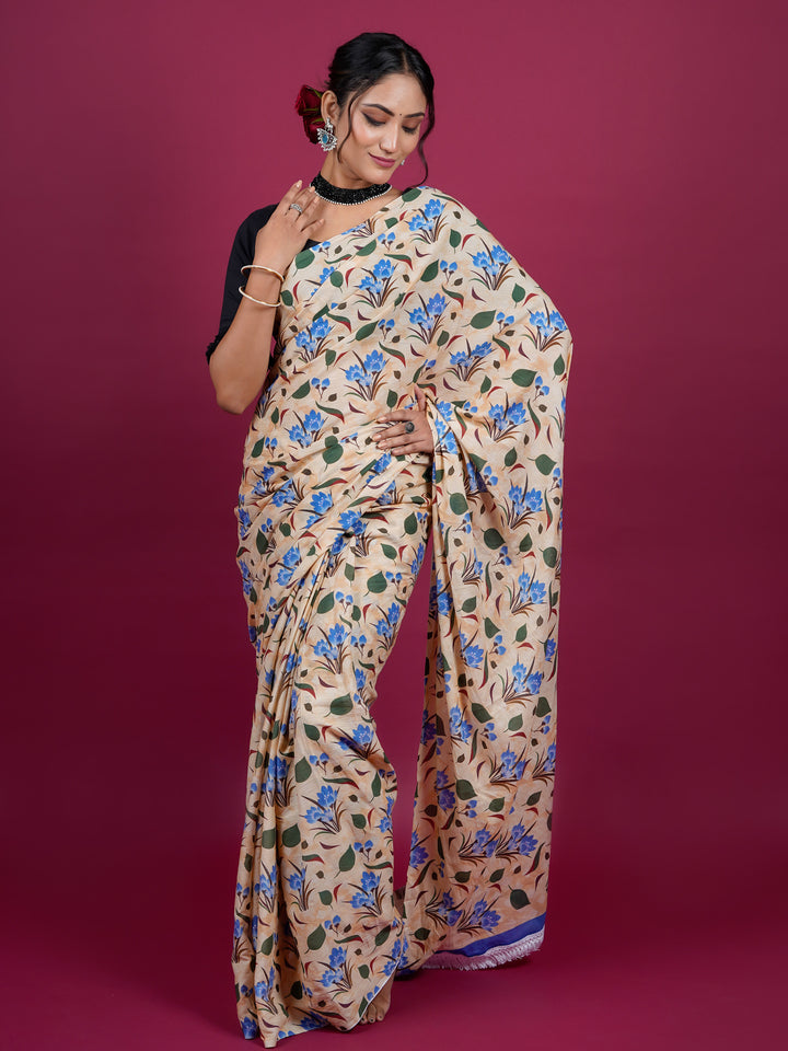 Buta Buti Floral Printed Cotton Saree With Tassels Embellishment