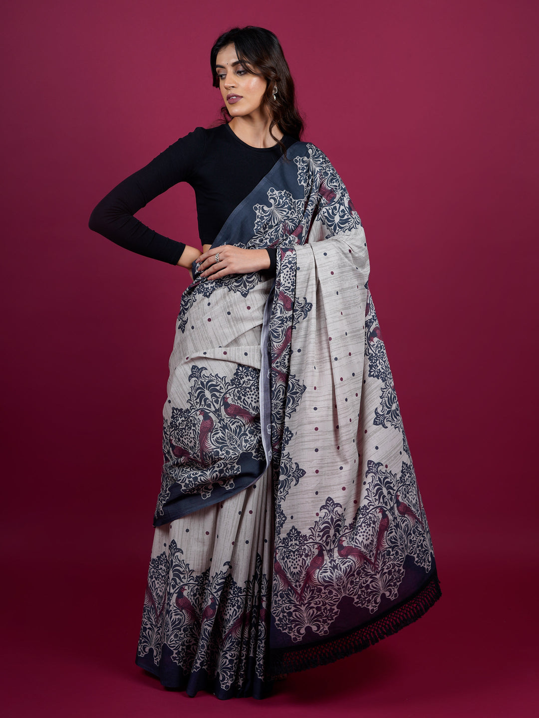 Buta Buti Ethnic Printed Cotton Saree With Tassels Embellishment