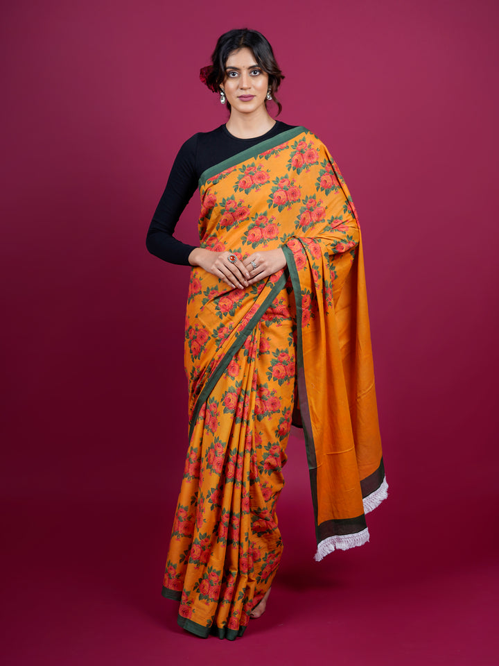 Buta Buti Botanical Floral Printed Cotton Saree With Tassels Embellishment