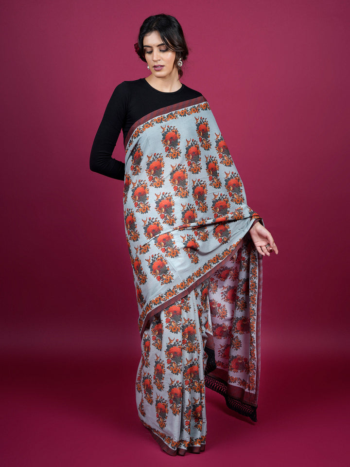 Buta Buti Botanical Floral Printed Cotton Saree With Tassels Embellishment