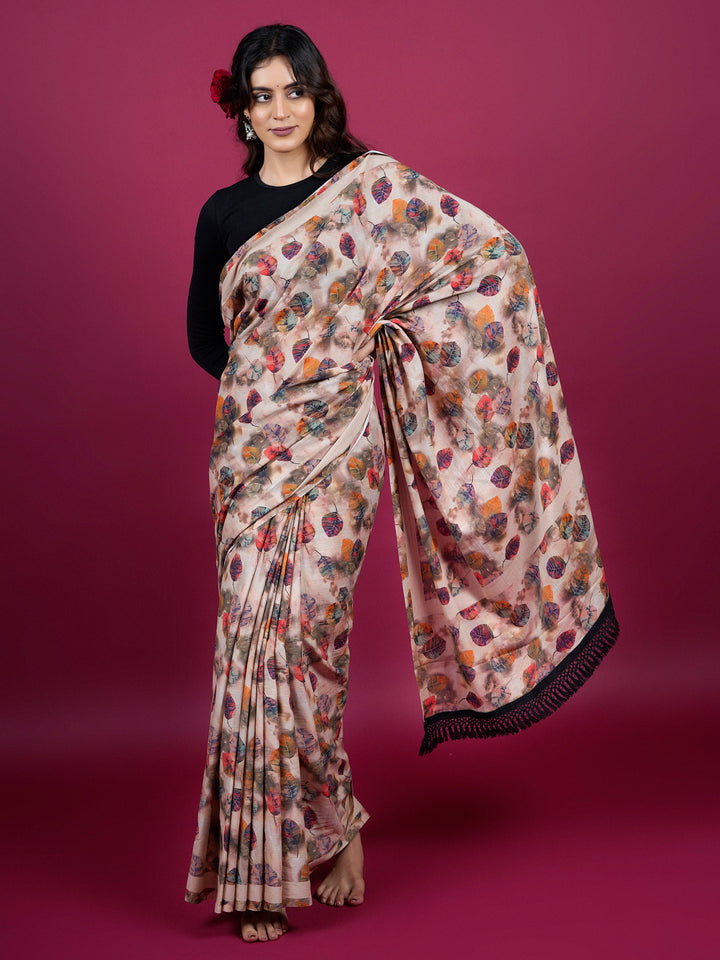 Buta Buti Leaf Batik Effect Printed Cotton Saree With Tassels Embellishment