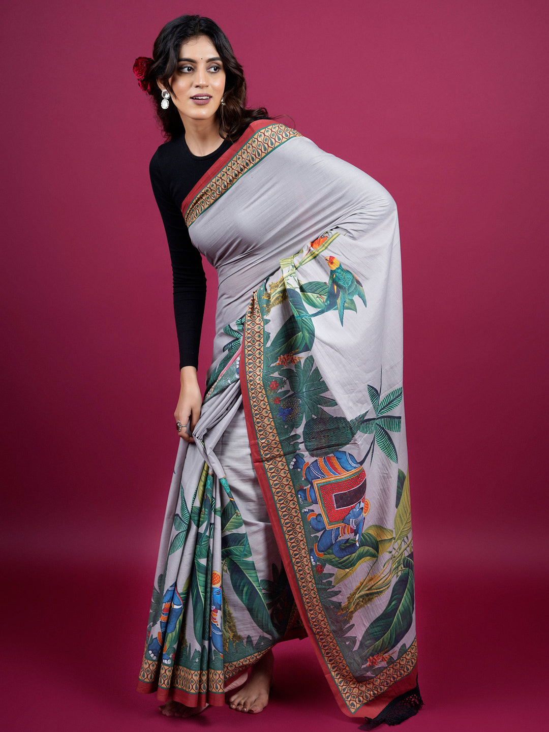 Buta Buti Botanical Printed Cotton Saree With Tassels Embellishment